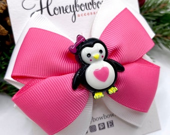 penguin bow, penguin hair bow, pink bow, penguin clip, pink penguin hair bow, Christmas hair bow, pink Christmas bow, pink and white bow