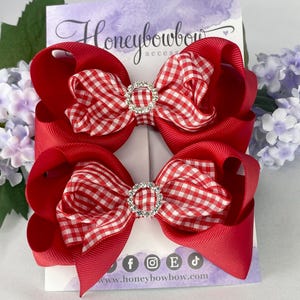 Red gingham school bows, red school hair bows, red double bows, red bowtique bows, red 4.5 inch bows,