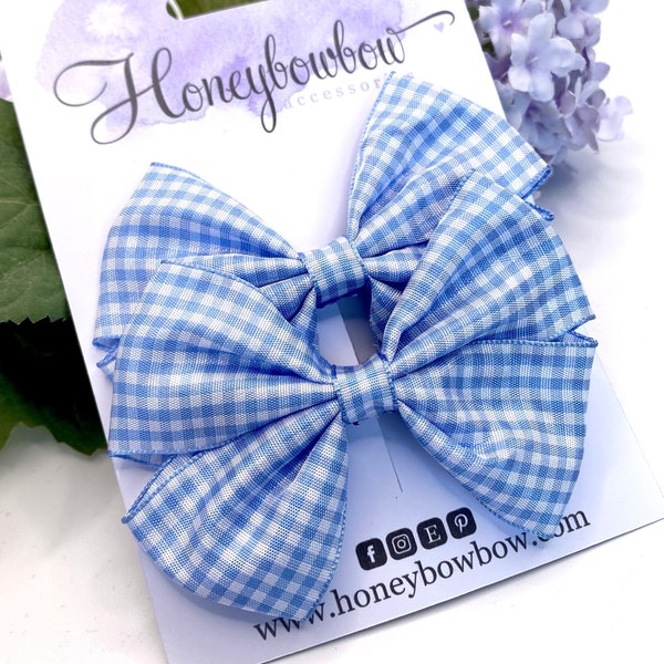 Blue school bow, light blue gingham school bow, baby blue bow, pale blue gingham bow, gingham bow, pair of 3.5 inch clips