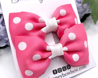 Pink spotty hair clips, pink hair bows, pink ribbon hair bows, pink hair clips, pink and white spots hair bows, 3 inch pink bows