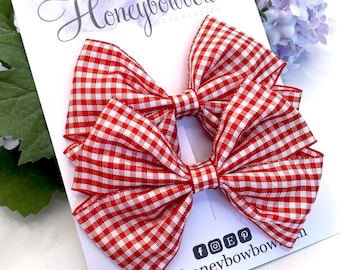 Red school bow, red gingham school bow, red bow, red gingham bow, gingham bow, pair of 3.5 inch clips