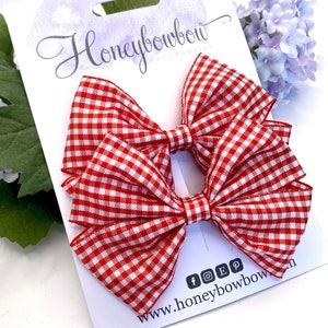 Red school bow, red gingham school bow, red bow, red gingham bow, gingham bow, pair of 3.5 inch clips image 1