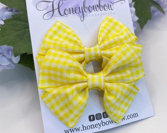 Yellow school bows, 2 and a half inch ribbon bows, small school bows, ribbon hair clips, gingham hair bows