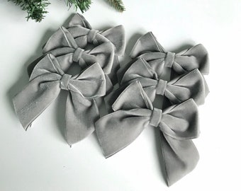 Grey velvet Christmas tree bows, velvet bows for Christmas tree, grey Christmas decorations, set of 6 bows, 4 inch bows