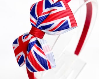 Diadema Union Jack, diadema para el Día de la Victoria en Europa, roja, blanca y azul, lazo para el pelo Union Jack, lazos del Reino Unido