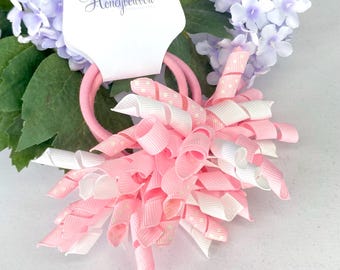 Pink spotty korker bows, baby pink bobbles, light pink corkers, pink hair accessories