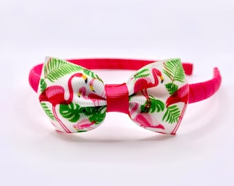 Ribbon head band, flamingo head band, bright pink Alice band, flamingo hair bow, thin head band with bow