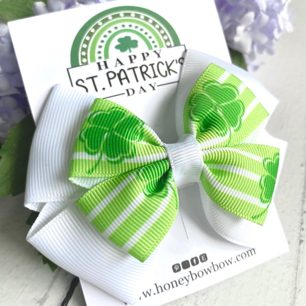 St Patricks day bow, clover ribbon bow, 3.5" double tux bow, green bow clip, ireland hair bow