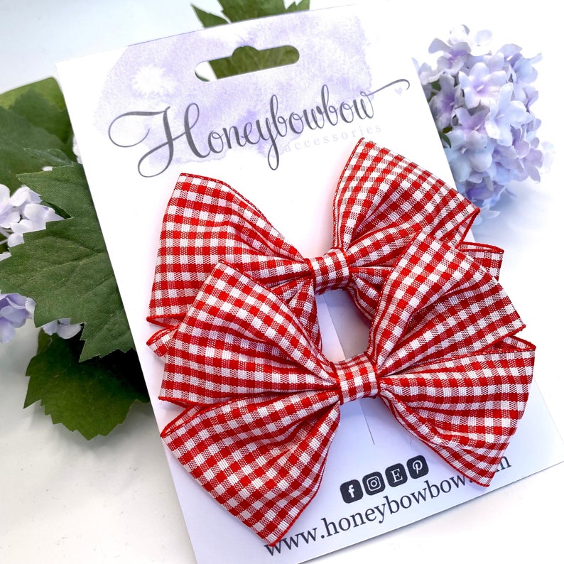 Red school bow, red gingham school bow, red bow, red gingham bow, gingham bow, pair of 3.5 inch clips image 1