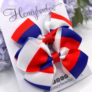 Lazos con la bandera francesa, lazo de Francia, lazo para el cabello francés, lazos para el cabello rojos, azules y blancos, par de pinzas