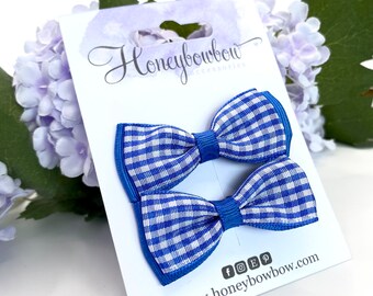 Royal school bows, small royal bows, small gingham bows, small blue check bows, small cobalt hair bows, blue hair clip, prong clip hair bows