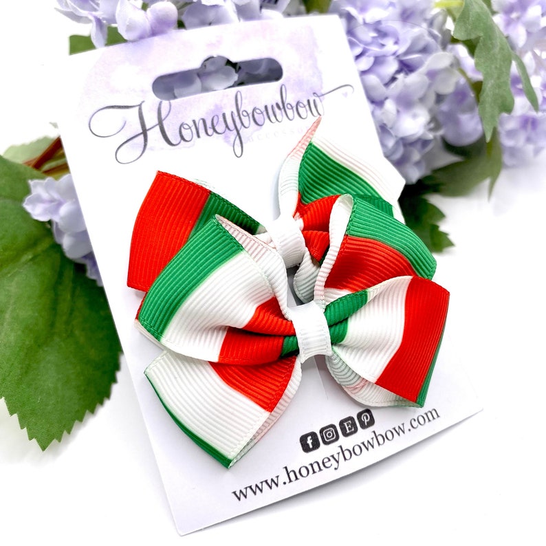 Italia flag hair bows, Italy hair bow, red white green, Italian hair bow, 2.5 inch tux bow clips image 1