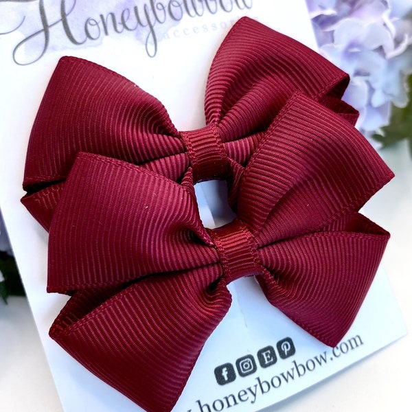 Burgundy bows, set of clips, red hair bows, ribbon bow clips, small maroon clips, dark red bows, 2 and a half inch