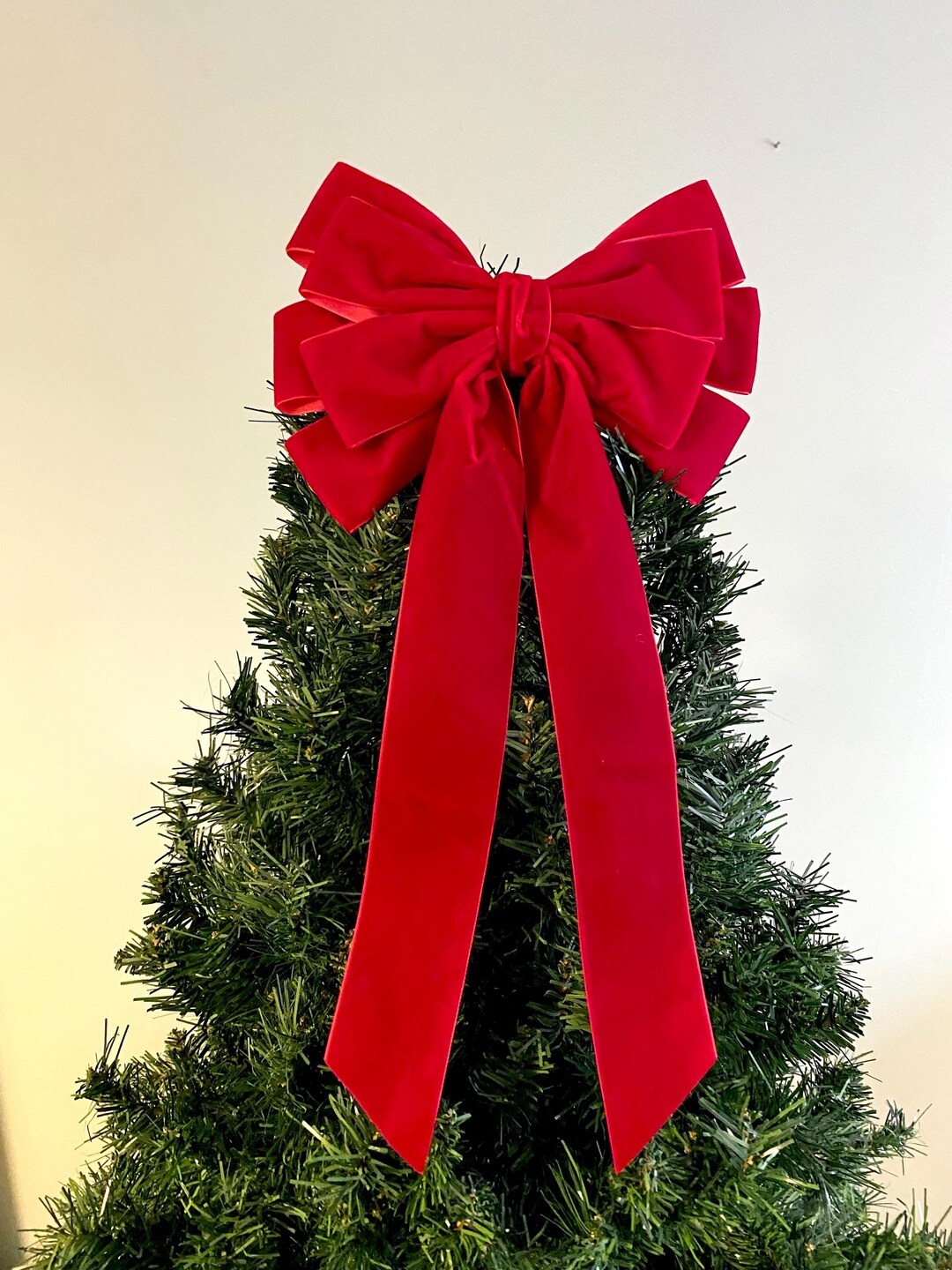 Puntale Per Albero Di Natale A Fiocco Grande: Rosso E Verde A Quadri, In Iuta E Poliestere, Fatto A Mano