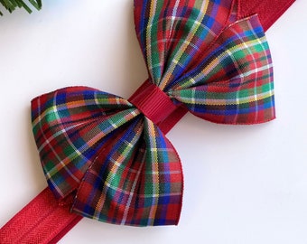 tartan baby headband, red tartan baby bow, plaid baby headband, 3.5 inch tux bow, tartan bow, tartan baby bow