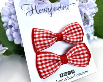 Red school bows, small red bows, small gingham bows, small red check bows, small red hair bows, red hair clips, prong clip hair bows