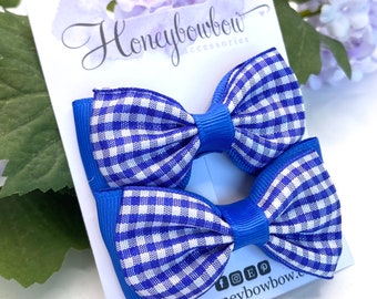 Blue school bow, royal blue gingham school bow, royal blue bow, royal blue gingham bow, gingham bow, pair of 3” clips