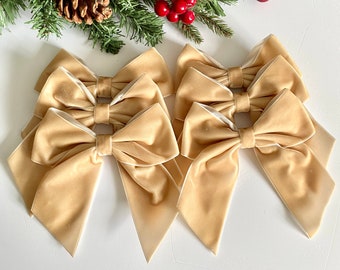Gold velvet Christmas tree bows, velvet bows for Christmas tree, Christmas decorations, set of 6 bows, gold Christmas decorations, pale gold