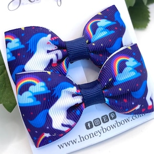 Unicorn hair clips, unicorn hair bows, ribbon hair bows, navy hair bows