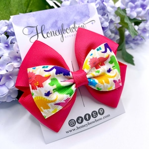 Dinosaur hair bow, pink ribbon bow, 3.5&quot; double tux bow, dinosaur clip, Dino hair bow