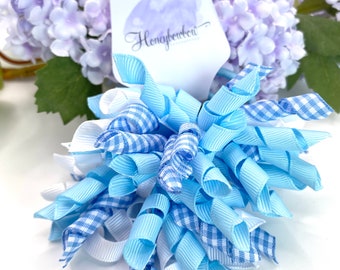 Light blue gingham korker bows, blue school bobbles, blue corkers, blue hair accessories