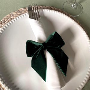 May include: A white napkin tied with a dark green velvet bow, placed on a white plate with a fork and knife.