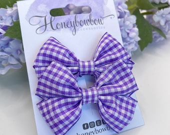 Purple school bows, 2 and a half inch ribbon bows, small school bows, ribbon hair clips, gingham hair bows