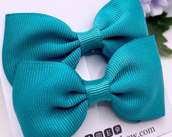 Jade bows, set of clips, teal hair bows, ribbon bow clips, small jade clips, teal bows, 3 inch classic bows,