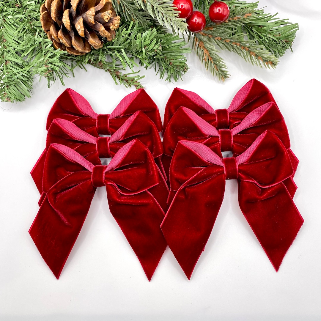 Deep Red Velvet Christmas Tree Bows, 4 Inch or 5.5 Inch Bows, Tied