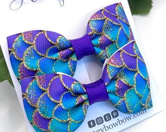 Mermaid bows, mermaid scale bow, purple hair bow, summer hair bows, pair of clips, mer mazing, mermazing