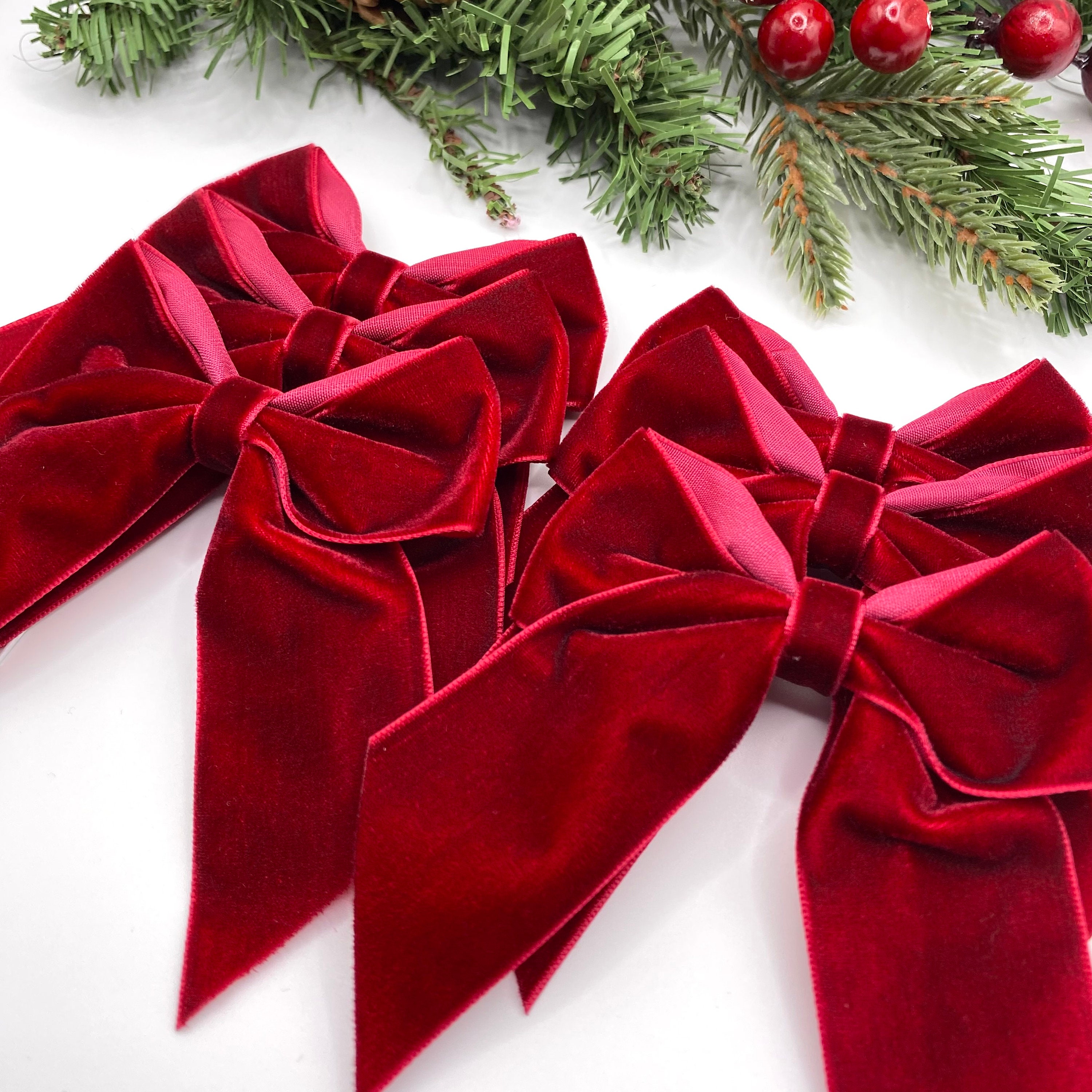 Nœud Rouge Velours Pour Sapin De Noël - 33x23 Cm, Bord Doré, Formable | Décoration Guirlande, Cadeau