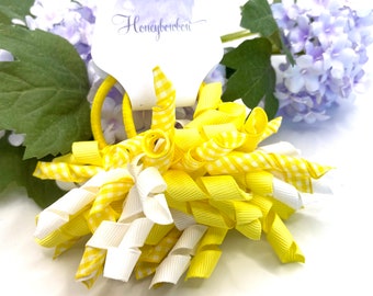 Yellow gingham korker bows, yellow school bobbles, lemon corkers, yellow hair accessories