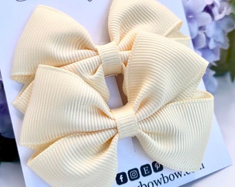 Cream ribbon hair bows, cream hair bows, ivory hair bows, beige hair clips, 2 and a half inch tux bows,
