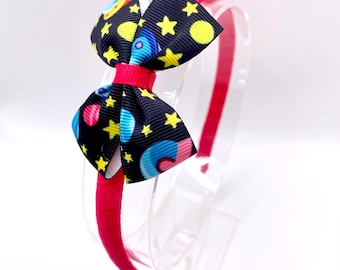 Space themed head band, space head band, pink Alice band, UFO hair bow, thin head band with bow