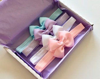 Baby head bands, small baby bows, set of 4 tux bows 2.5 inches, 4 pack of pastel Tux bow baby headbands