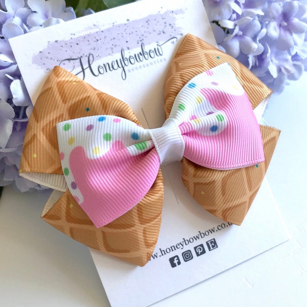 Icecream bow, ice cream ribbon bow, 3.5" double tux bow, ice cream clip, pick clip or bobble