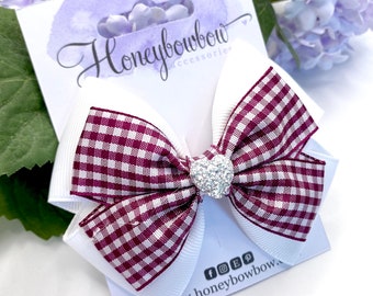 Burgundy gingham bow, burgundy school bow, gingham school bow, 3.5 inch hair bow, double Tux bow,