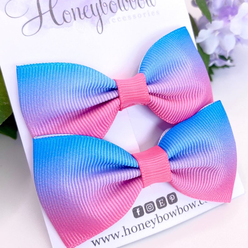 Pink hair bow, gradient ribbon, blue hair bow, rainbow hair clips, pastel hair clips image 1