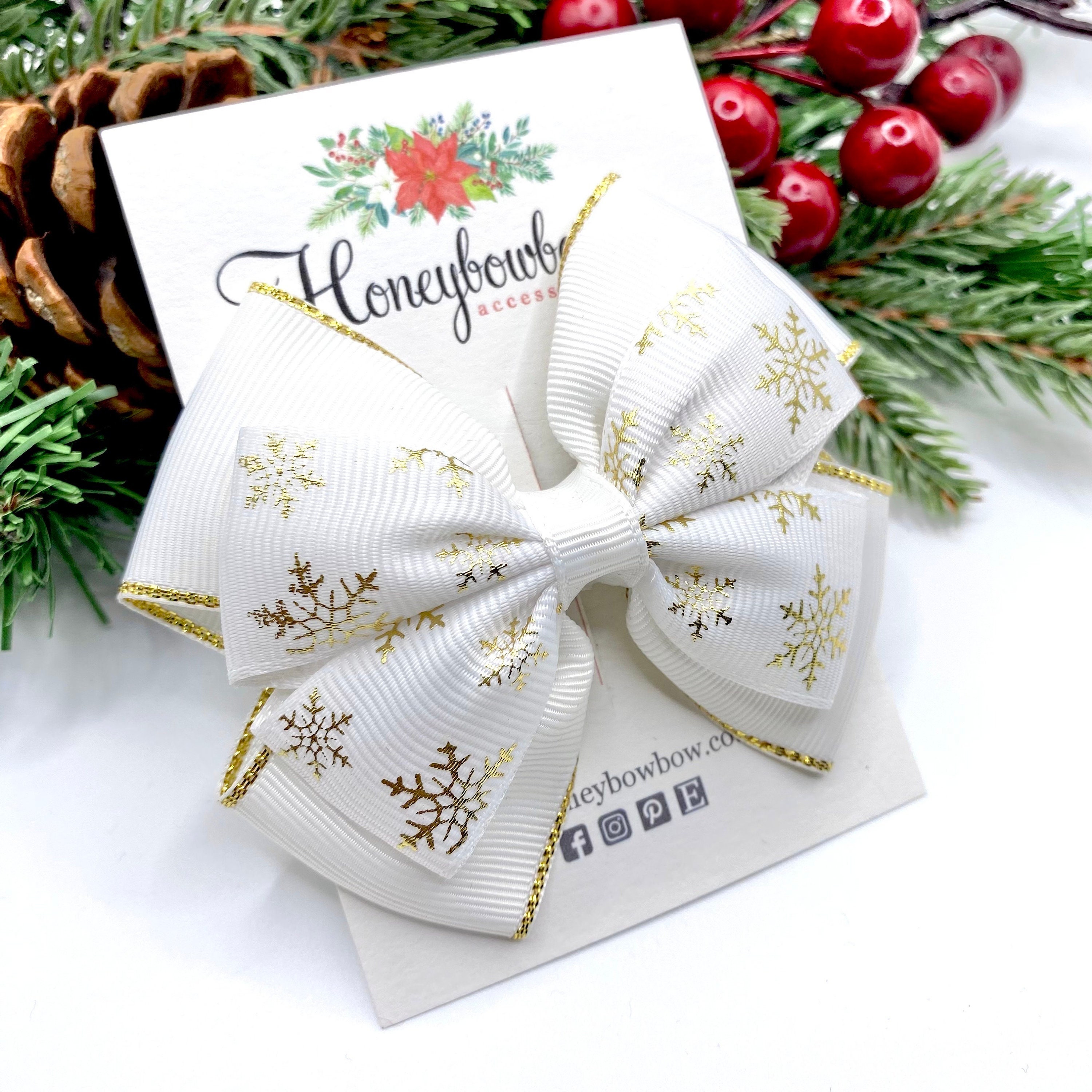 Christmas bow, gift bow, Christmas hair clip, 3.5” Tux bow, gold ribbon bow, snowflake bow, double tux bow, Christmas white bow, white bow
