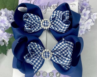 Noeuds d'école en vichy bleu marine, noeuds pour cheveux d'école bleu marine, noeuds doubles marine, noeuds bowtique bleu marine, noeud bleu marine de 4,5 pouces, noeud bleu marine