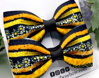 Honey bows, bumble bee bow, daisy hair bow, yellow and black hair bows, pair of clips
