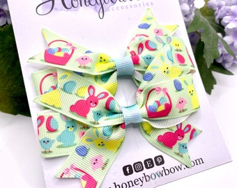 Green Easter hair bows, Easter bows, Easter gift, 4 inch ribbon bows, Easter bunny bows