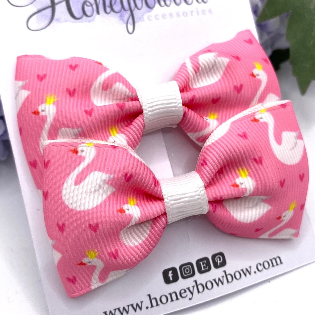 Swan Ribbon Swan Ribbon Bows, Pair of Pink Bows, 3 Inch, Pair of Swan Clips, Swan ...