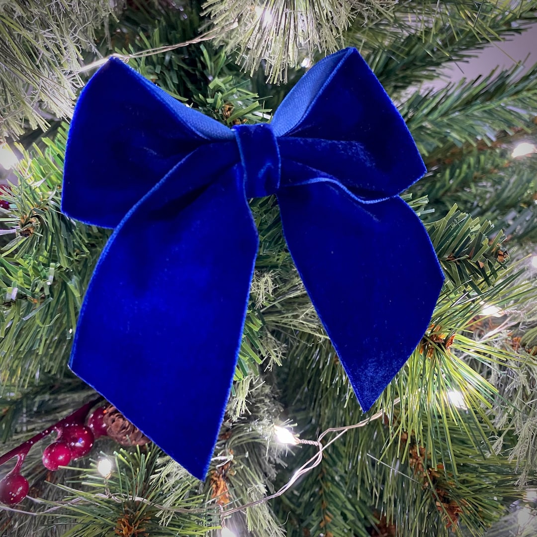 Blue Velvet Christmas Tree Bows, Velvet Bows for Christmas Tree