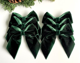 DARK GREEN velvet Christmas tree bows, velvet bows for Christmas tree,  green Christmas decorations, pack of 6, inch bows