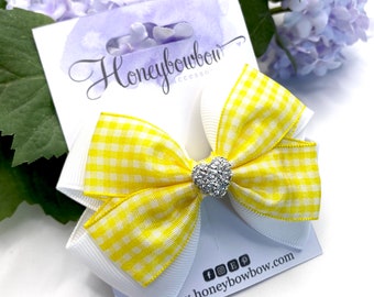Yellow gingham bow, yellow school bow, gingham school bow, 3.5 inch hair bow, double Tux bow,