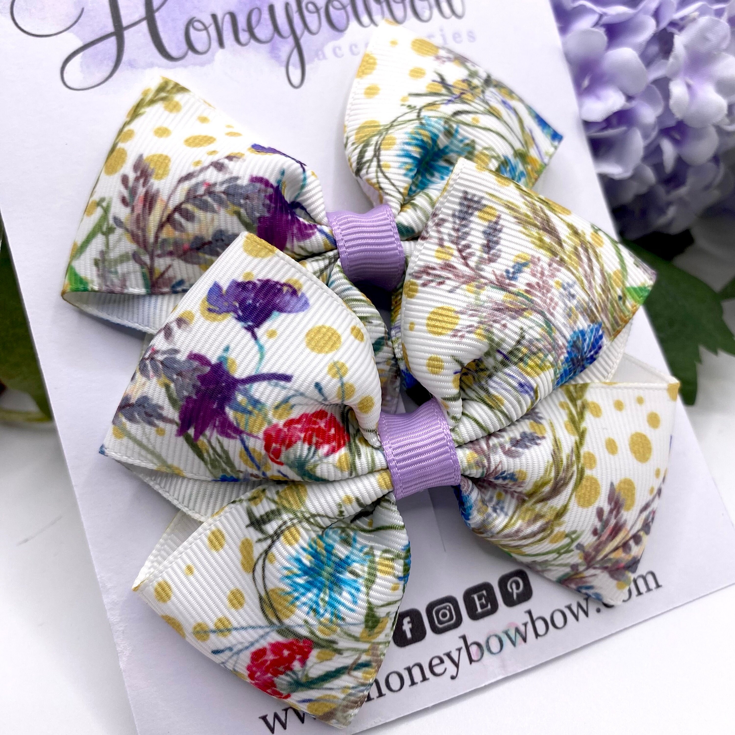 Flower hair bow, wild flower hair bow, flower ribbon bow, meadow hair bow, wild flowers hair bow, pair of 3.5 inch clips