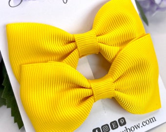 Yellow ribbon hair bows, yellow hair clips, yellow bow bobbles, yellow hair accessories, yellow school bows. 3 inch hair bows,
