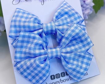 Light blue school bows, 2 and a half inch ribbon bows, small school bows, ribbon hair clips, gingham hair bows