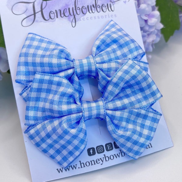 Light blue school bows, 2 and a half inch ribbon bows, small school bows, ribbon hair clips, gingham hair bows